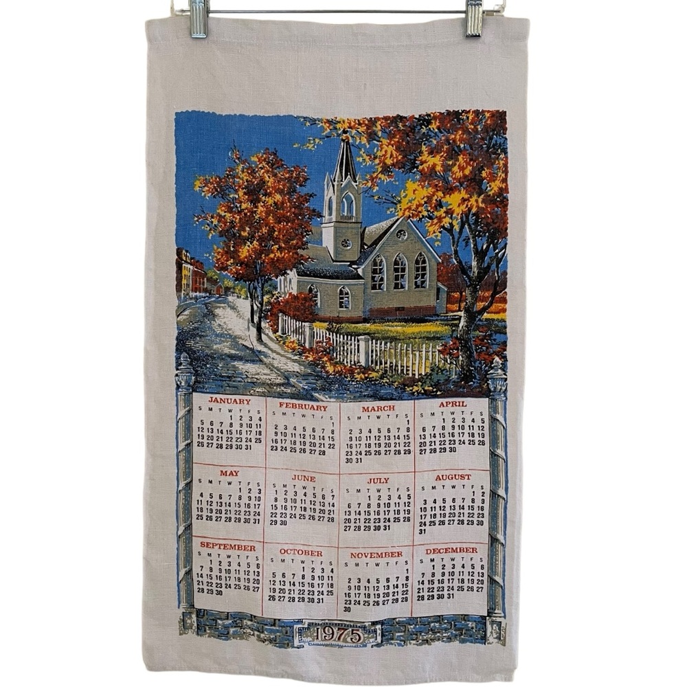 Vintage Calendar Tea Towel 1975 Churchyard Scene in Fall